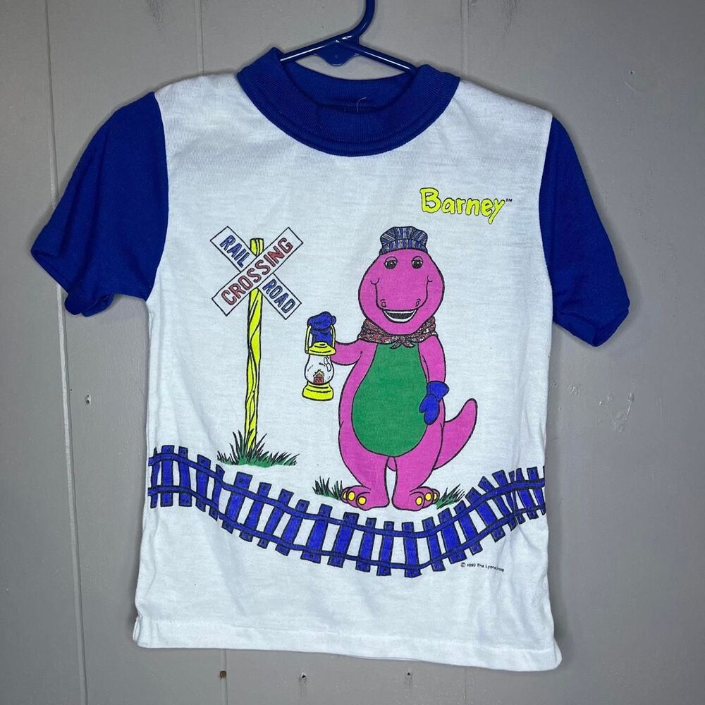 1993 90s Barney the Dinosaur Train Conductor Kids Shirt Railroad PJ Top Kids 2T